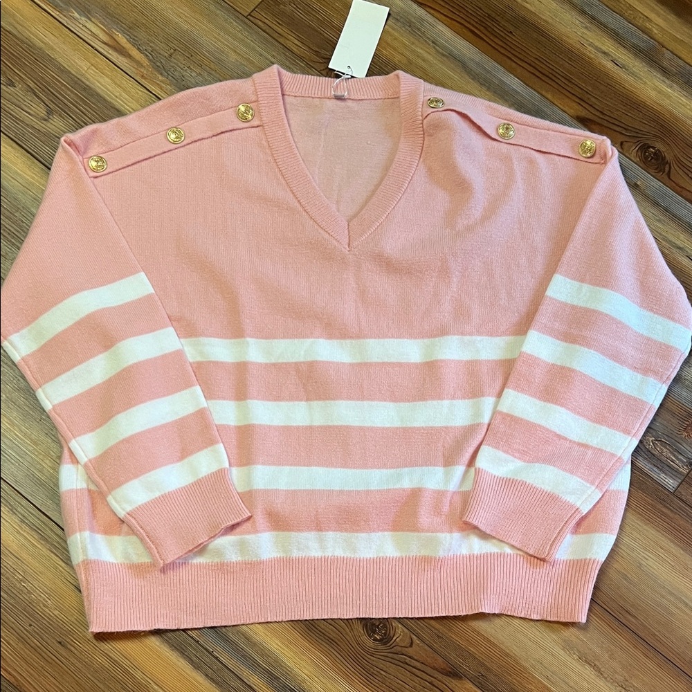 Pink and White Striped Women's Sweater